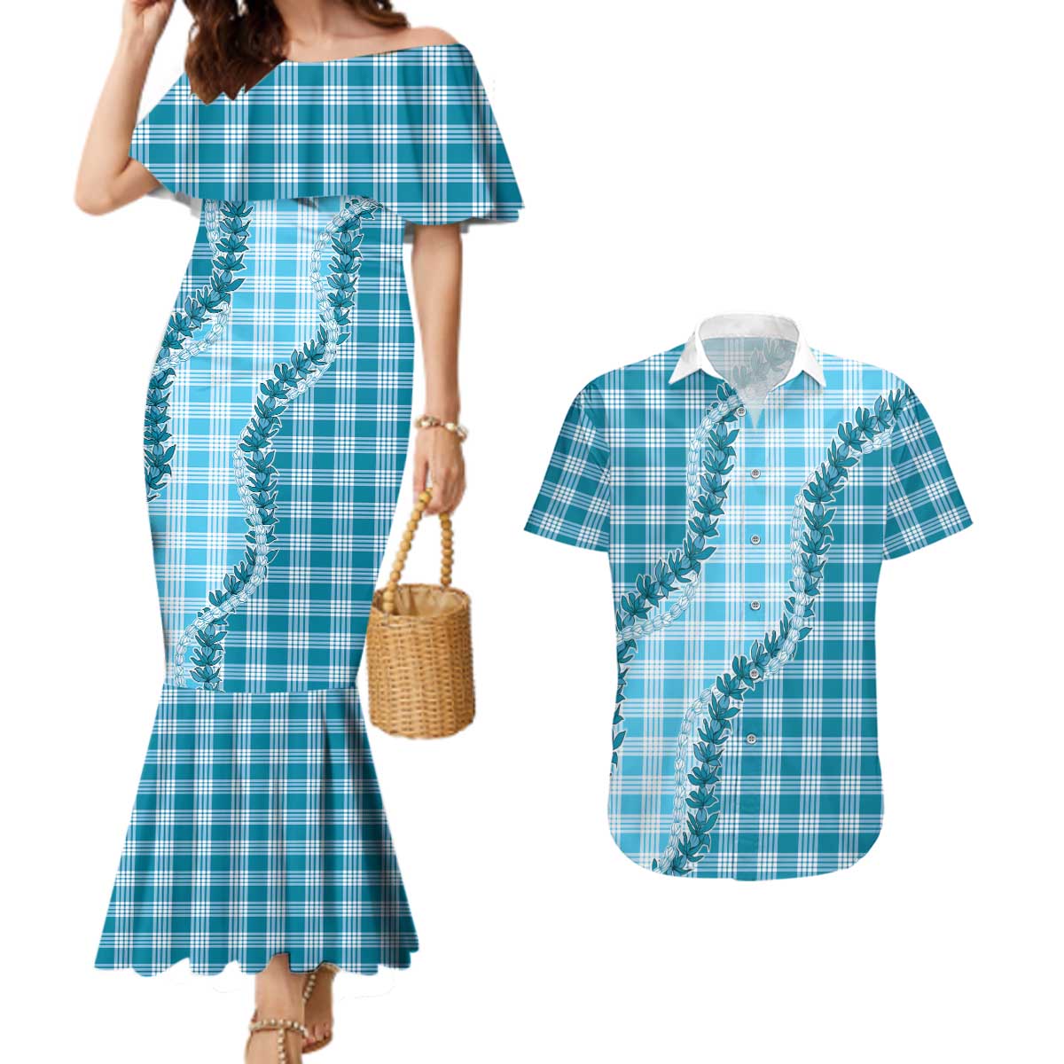 Blue Hawaii Palaka Couples Matching Mermaid Dress and Hawaiian Shirt Hawaiian Pikake Lei LT05 Blue - Polynesian Pride