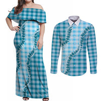 Blue Hawaii Palaka Couples Matching Off Shoulder Maxi Dress and Long Sleeve Button Shirt Hawaiian Pikake Lei LT05 Blue - Polynesian Pride