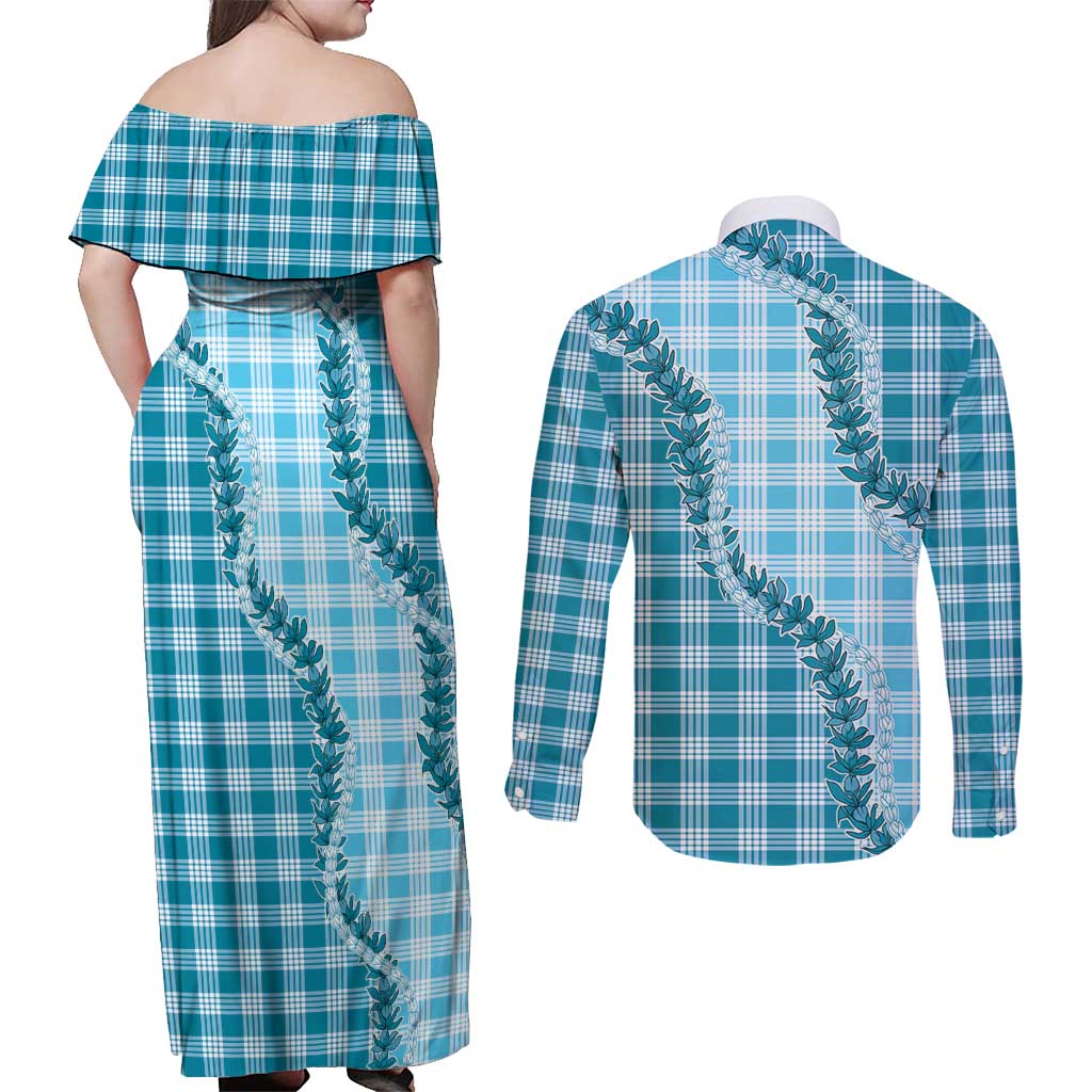 Blue Hawaii Palaka Couples Matching Off Shoulder Maxi Dress and Long Sleeve Button Shirt Hawaiian Pikake Lei LT05 - Polynesian Pride