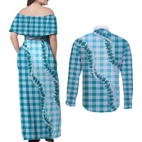 Blue Hawaii Palaka Couples Matching Off Shoulder Maxi Dress and Long Sleeve Button Shirt Hawaiian Pikake Lei LT05 - Polynesian Pride