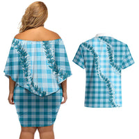 Blue Hawaii Palaka Couples Matching Off Shoulder Short Dress and Hawaiian Shirt Hawaiian Pikake Lei