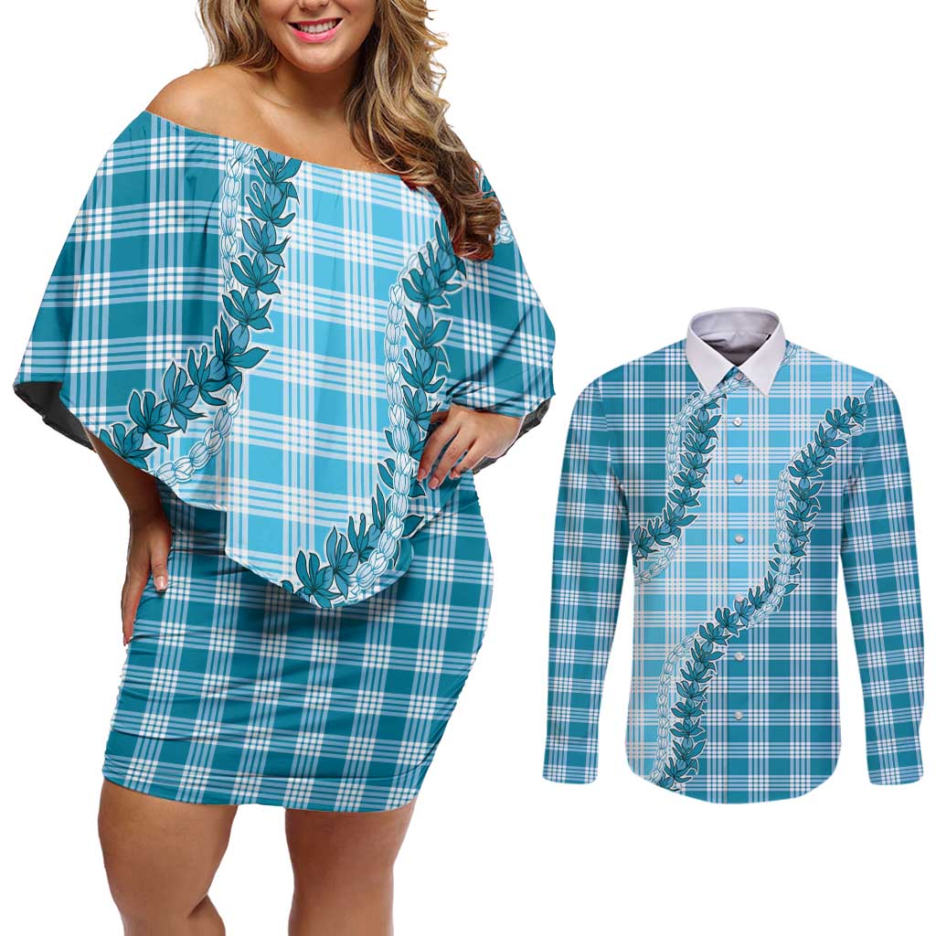 Blue Hawaii Palaka Couples Matching Off Shoulder Short Dress and Long Sleeve Button Shirt Hawaiian Pikake Lei LT05 Blue - Polynesian Pride