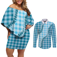 Blue Hawaii Palaka Couples Matching Off Shoulder Short Dress and Long Sleeve Button Shirt Hawaiian Pikake Lei LT05 Blue - Polynesian Pride