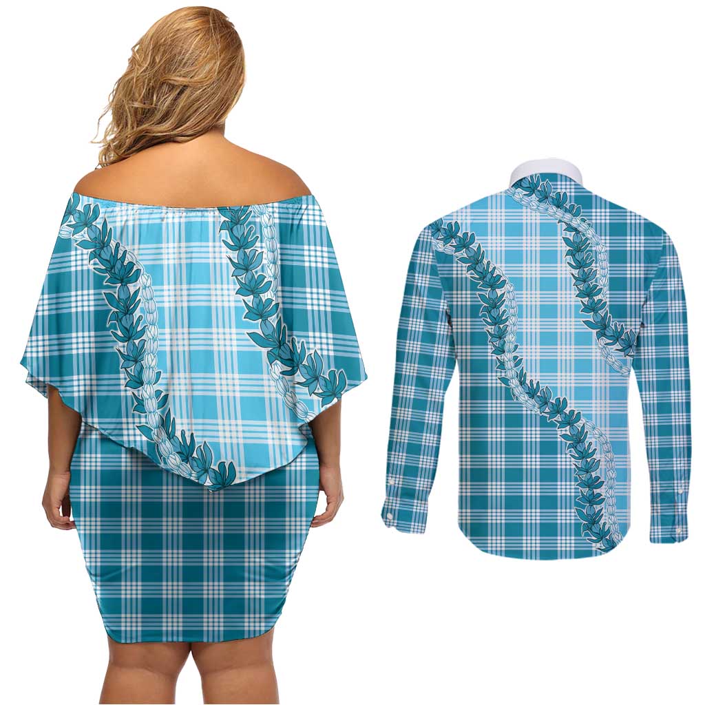 Blue Hawaii Palaka Couples Matching Off Shoulder Short Dress and Long Sleeve Button Shirt Hawaiian Pikake Lei LT05 - Polynesian Pride