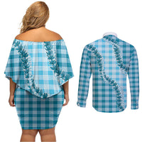 Blue Hawaii Palaka Couples Matching Off Shoulder Short Dress and Long Sleeve Button Shirt Hawaiian Pikake Lei LT05 - Polynesian Pride