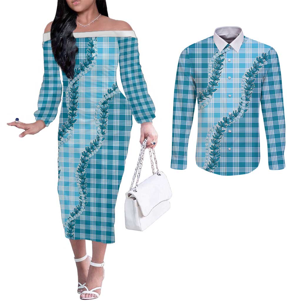 Blue Hawaii Palaka Couples Matching Off The Shoulder Long Sleeve Dress and Long Sleeve Button Shirt Hawaiian Pikake Lei