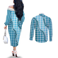 Blue Hawaii Palaka Couples Matching Off The Shoulder Long Sleeve Dress and Long Sleeve Button Shirt Hawaiian Pikake Lei