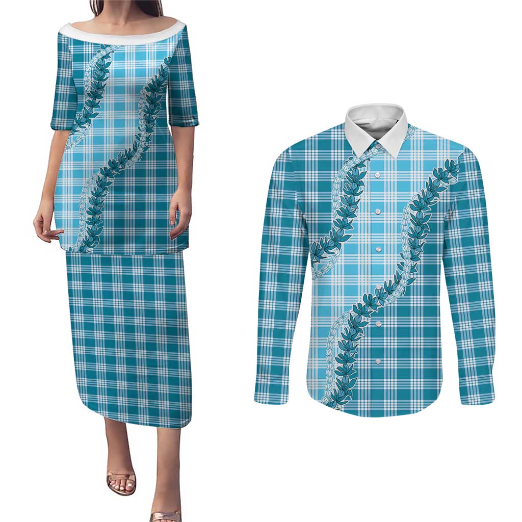 Blue Hawaii Palaka Couples Matching Puletasi and Long Sleeve Button Shirt Hawaiian Pikake Lei
