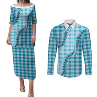 Blue Hawaii Palaka Couples Matching Puletasi and Long Sleeve Button Shirt Hawaiian Pikake Lei