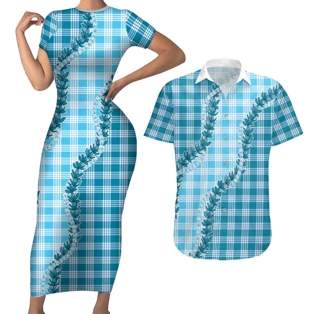 Blue Hawaii Palaka Couples Matching Short Sleeve Bodycon Dress and Hawaiian Shirt Hawaiian Pikake Lei