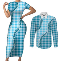 Blue Hawaii Palaka Couples Matching Short Sleeve Bodycon Dress and Long Sleeve Button Shirt Hawaiian Pikake Lei