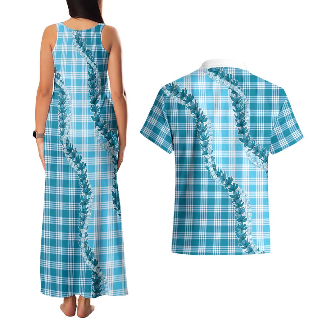 Blue Hawaii Palaka Couples Matching Tank Maxi Dress and Hawaiian Shirt Hawaiian Pikake Lei