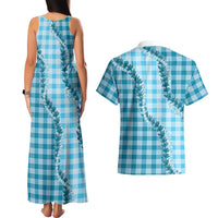 Blue Hawaii Palaka Couples Matching Tank Maxi Dress and Hawaiian Shirt Hawaiian Pikake Lei