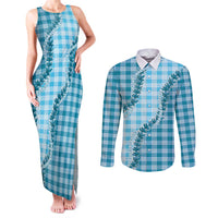 Blue Hawaii Palaka Couples Matching Tank Maxi Dress and Long Sleeve Button Shirt Hawaiian Pikake Lei
