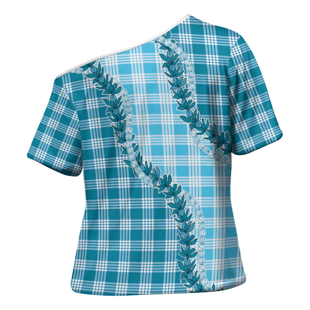 Blue Hawaii Palaka Cross Shoulder Shirt Hawaiian Pikake Lei