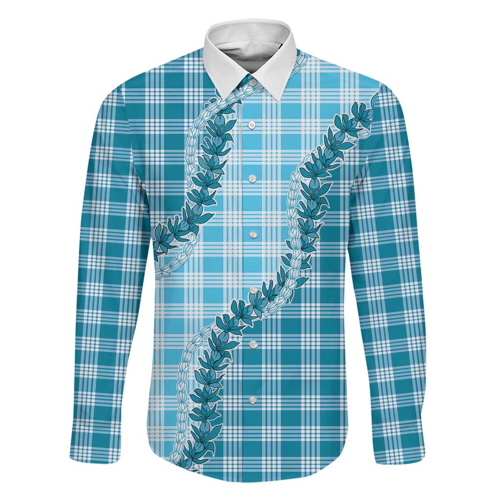 Blue Hawaii Palaka Family Matching Long Sleeve Bodycon Dress and Hawaiian Shirt Hawaiian Pikake Lei