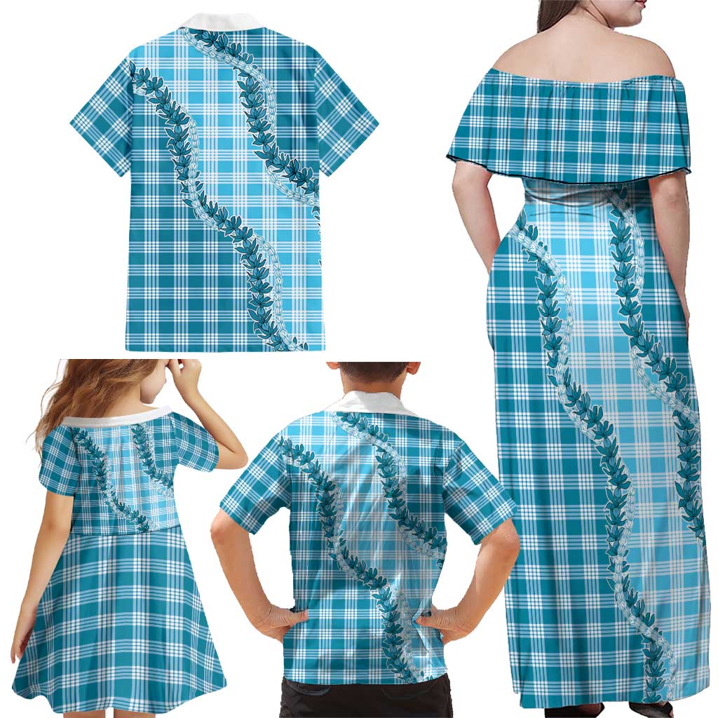 Blue Hawaii Palaka Family Matching Off Shoulder Maxi Dress and Hawaiian Shirt Hawaiian Pikake Lei