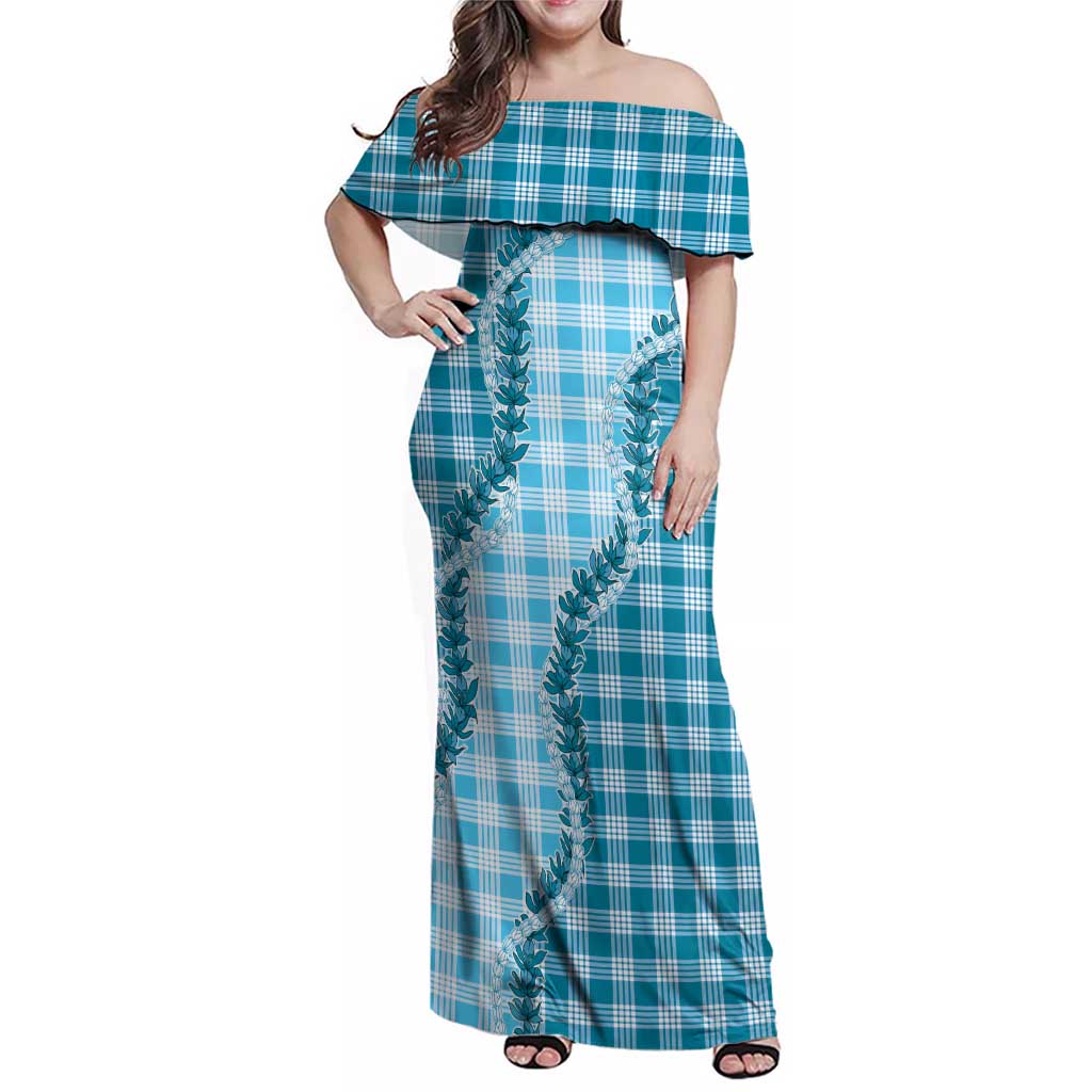 Blue Hawaii Palaka Family Matching Off Shoulder Maxi Dress and Hawaiian Shirt Hawaiian Pikake Lei