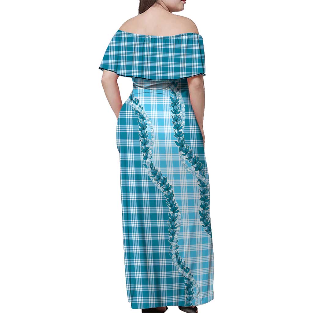 Blue Hawaii Palaka Family Matching Off Shoulder Maxi Dress and Hawaiian Shirt Hawaiian Pikake Lei