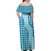 Blue Hawaii Palaka Family Matching Off Shoulder Maxi Dress and Hawaiian Shirt Hawaiian Pikake Lei