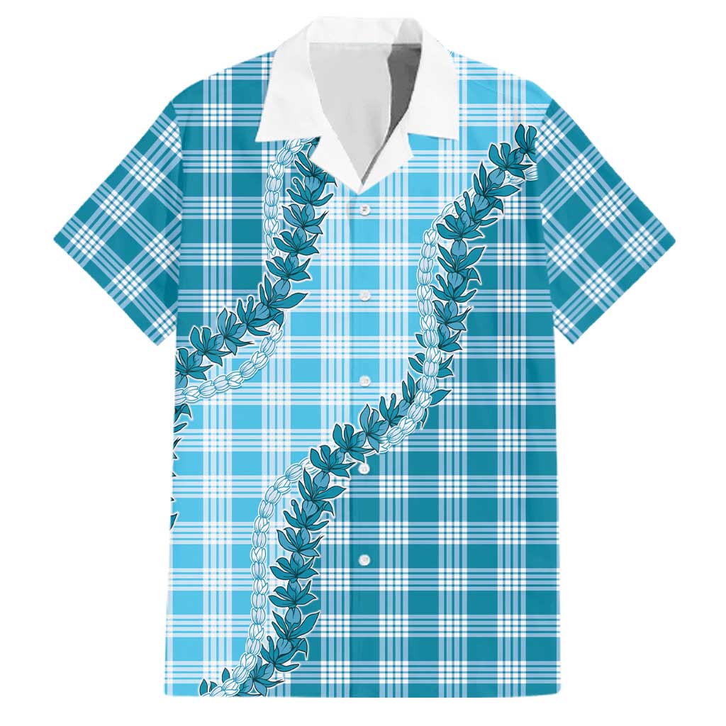 Blue Hawaii Palaka Family Matching Off Shoulder Short Dress and Hawaiian Shirt Hawaiian Pikake Lei