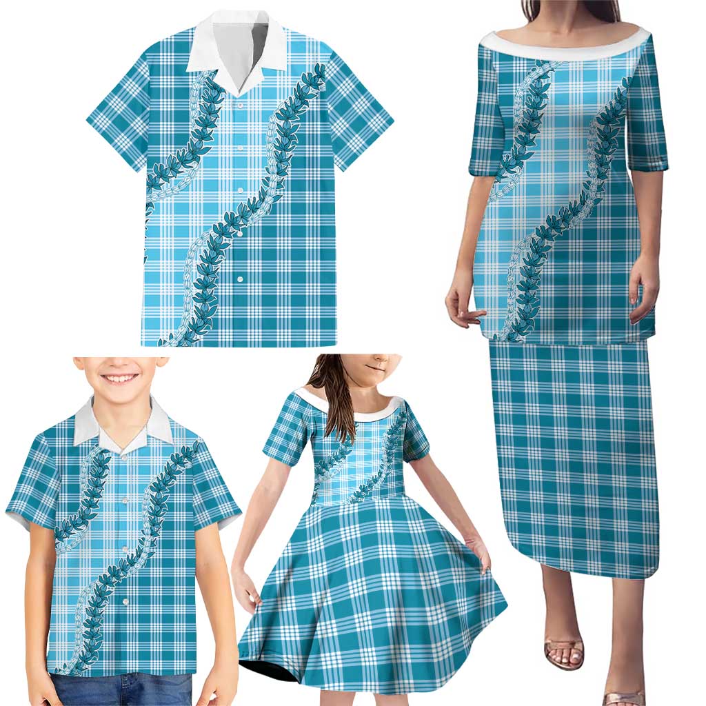Blue Hawaii Palaka Family Matching Puletasi and Hawaiian Shirt Hawaiian Pikake Lei