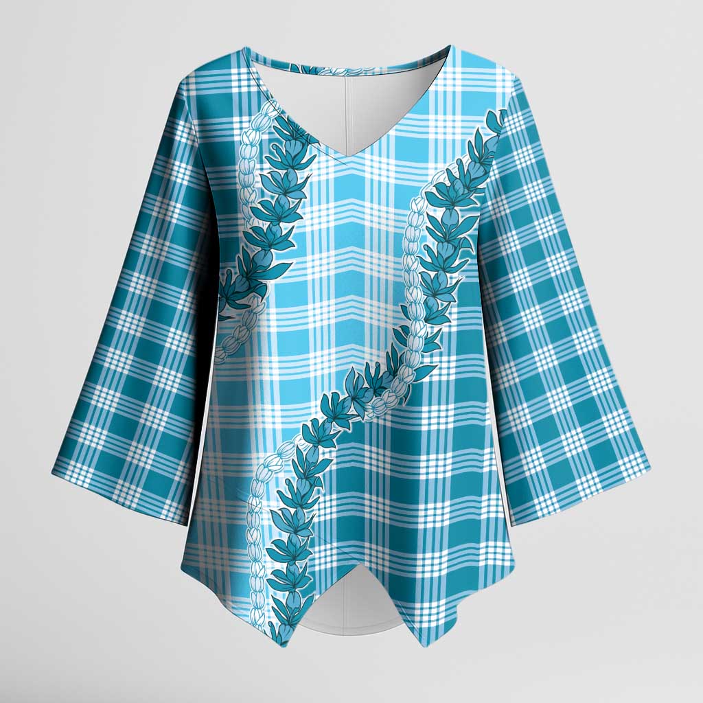 Blue Hawaii Palaka Kimono Sleeve Blouse Hawaiian Pikake Lei