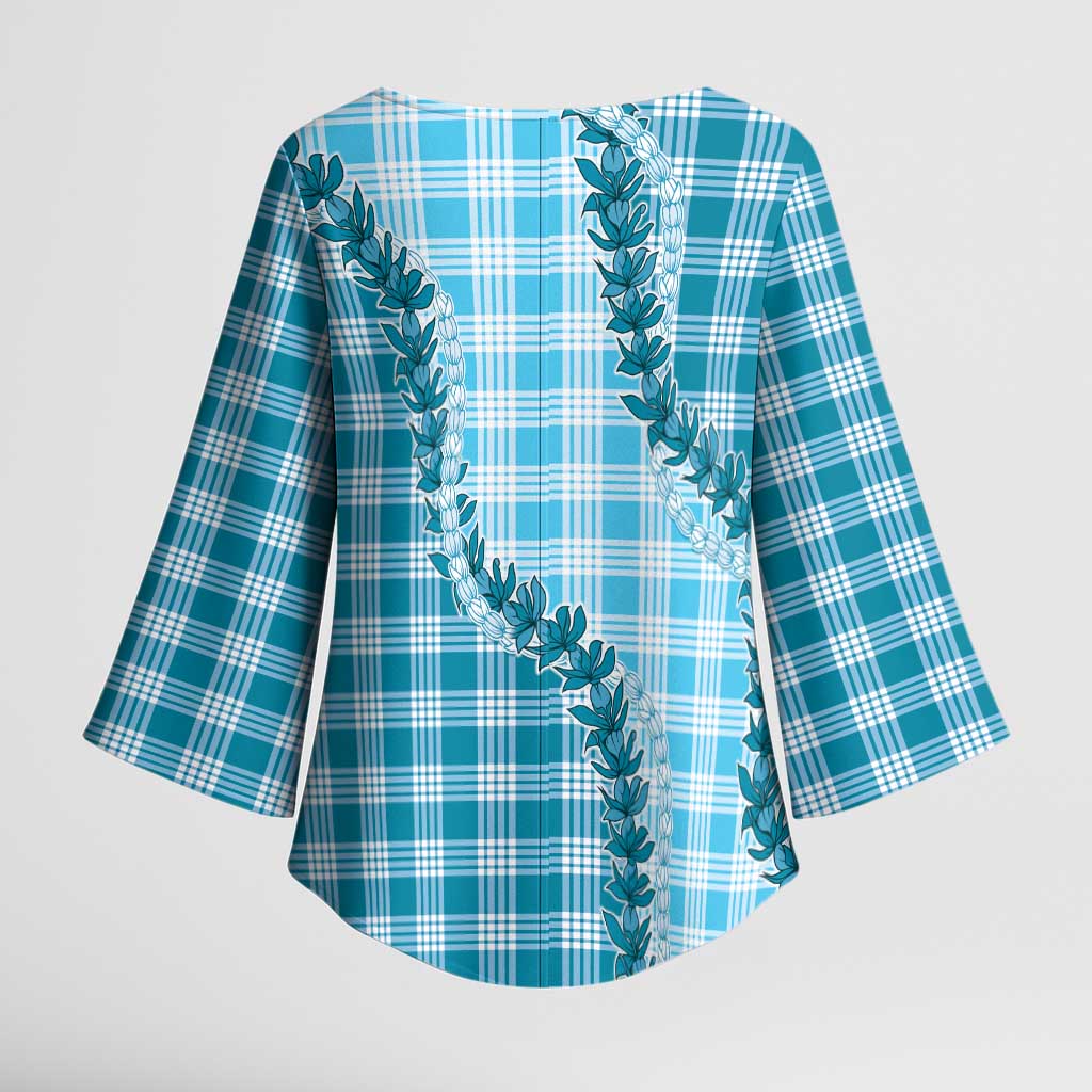 Blue Hawaii Palaka Kimono Sleeve Blouse Hawaiian Pikake Lei