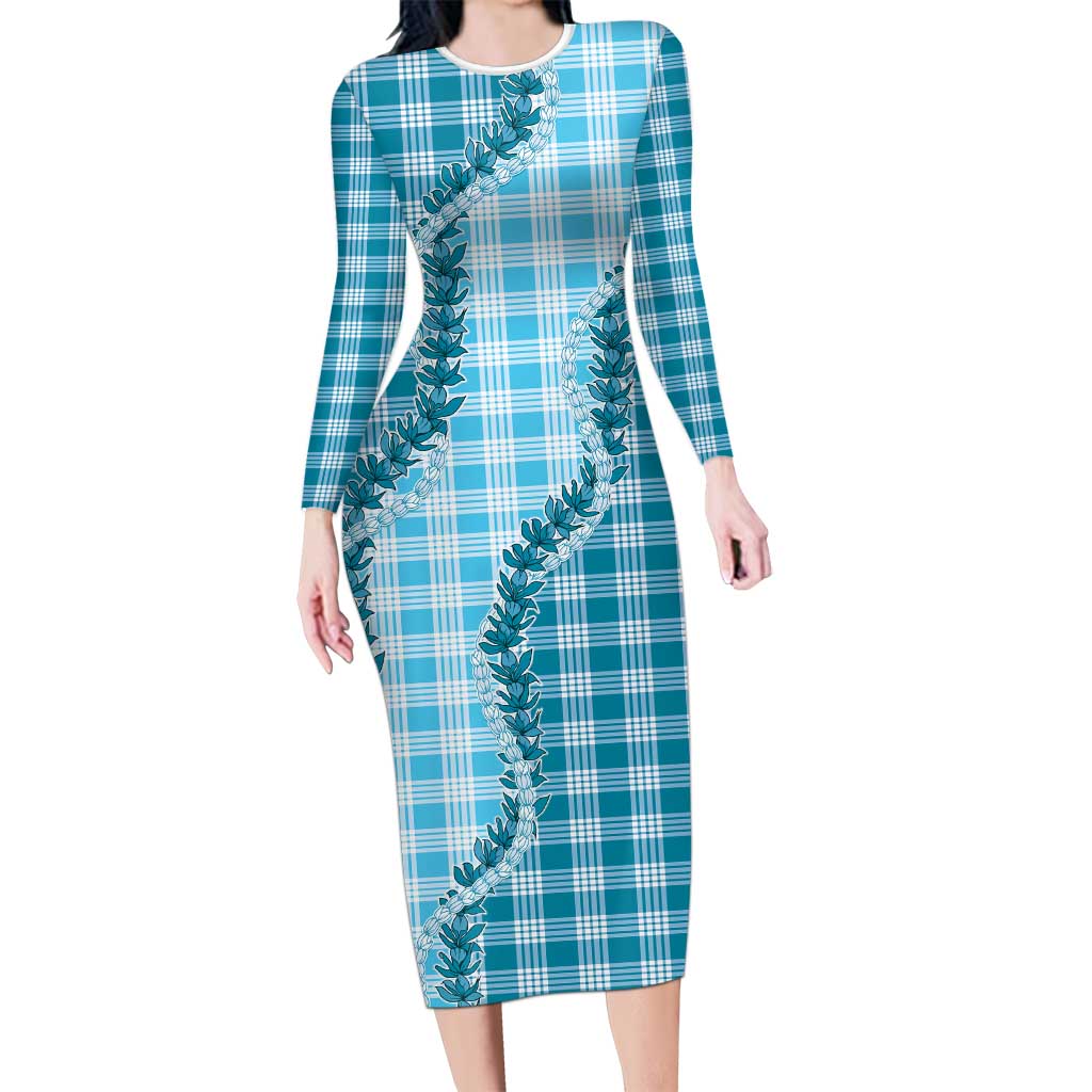 Blue Hawaii Palaka Long Sleeve Bodycon Dress Hawaiian Pikake Lei LT05 Long Dress Blue - Polynesian Pride