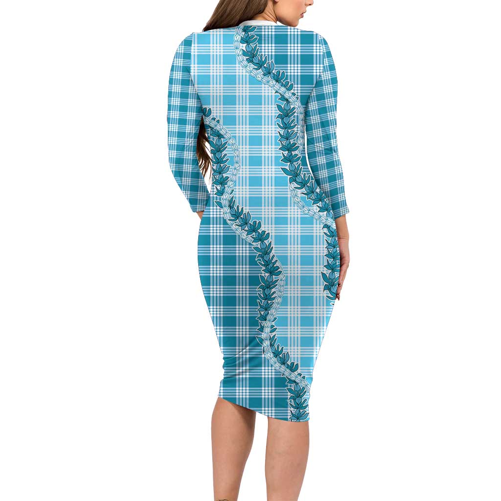 Blue Hawaii Palaka Long Sleeve Bodycon Dress Hawaiian Pikake Lei LT05 - Polynesian Pride