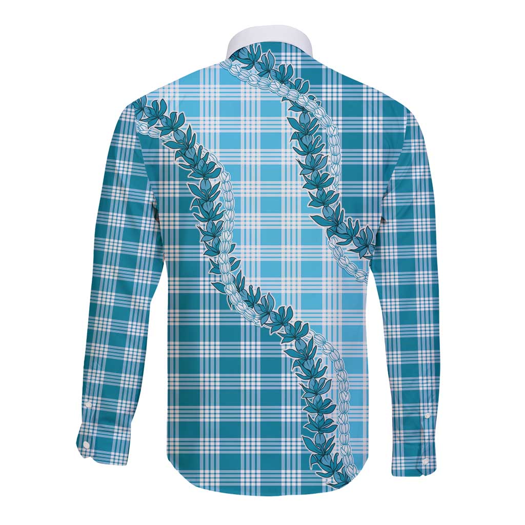Blue Hawaii Palaka Long Sleeve Button Shirt Hawaiian Pikake Lei