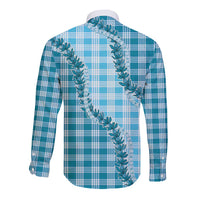 Blue Hawaii Palaka Long Sleeve Button Shirt Hawaiian Pikake Lei