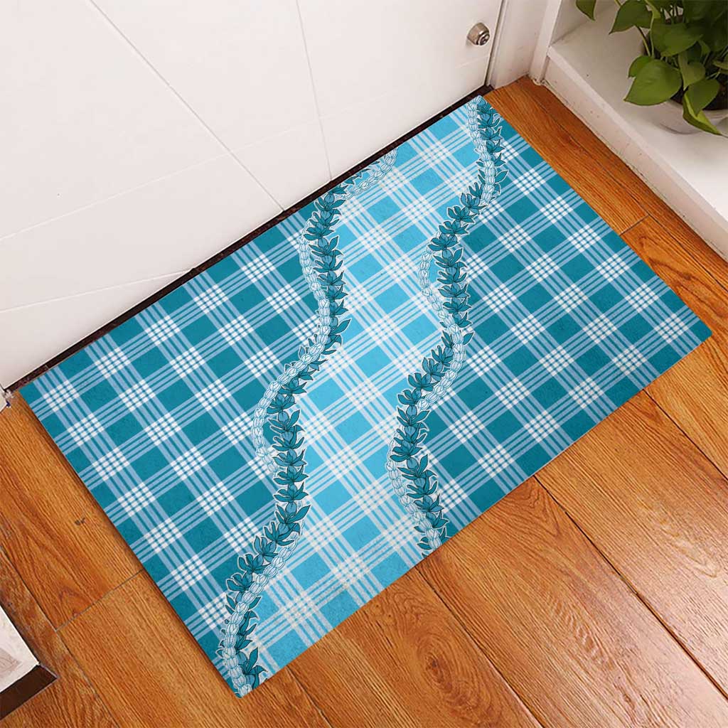 Blue Hawaii Palaka Rubber Doormat Hawaiian Pikake Lei