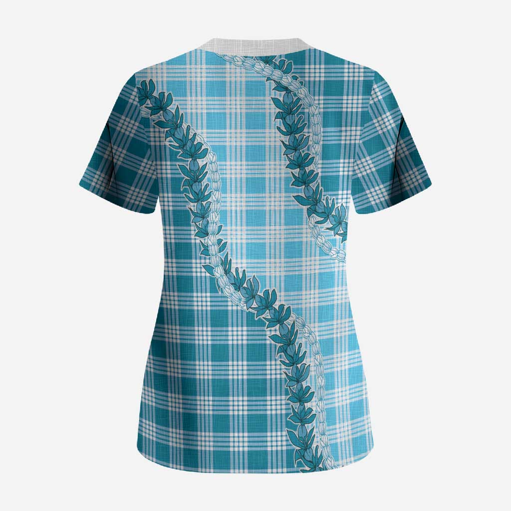Blue Hawaii Palaka Scrub Top Hawaiian Pikake Lei
