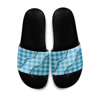 Blue Hawaii Palaka Slide Sandals Hawaiian Pikake Lei