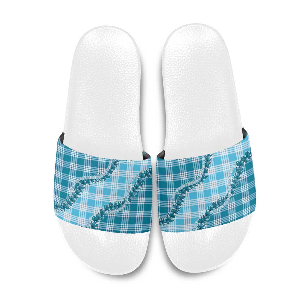 Blue Hawaii Palaka Slide Sandals Hawaiian Pikake Lei