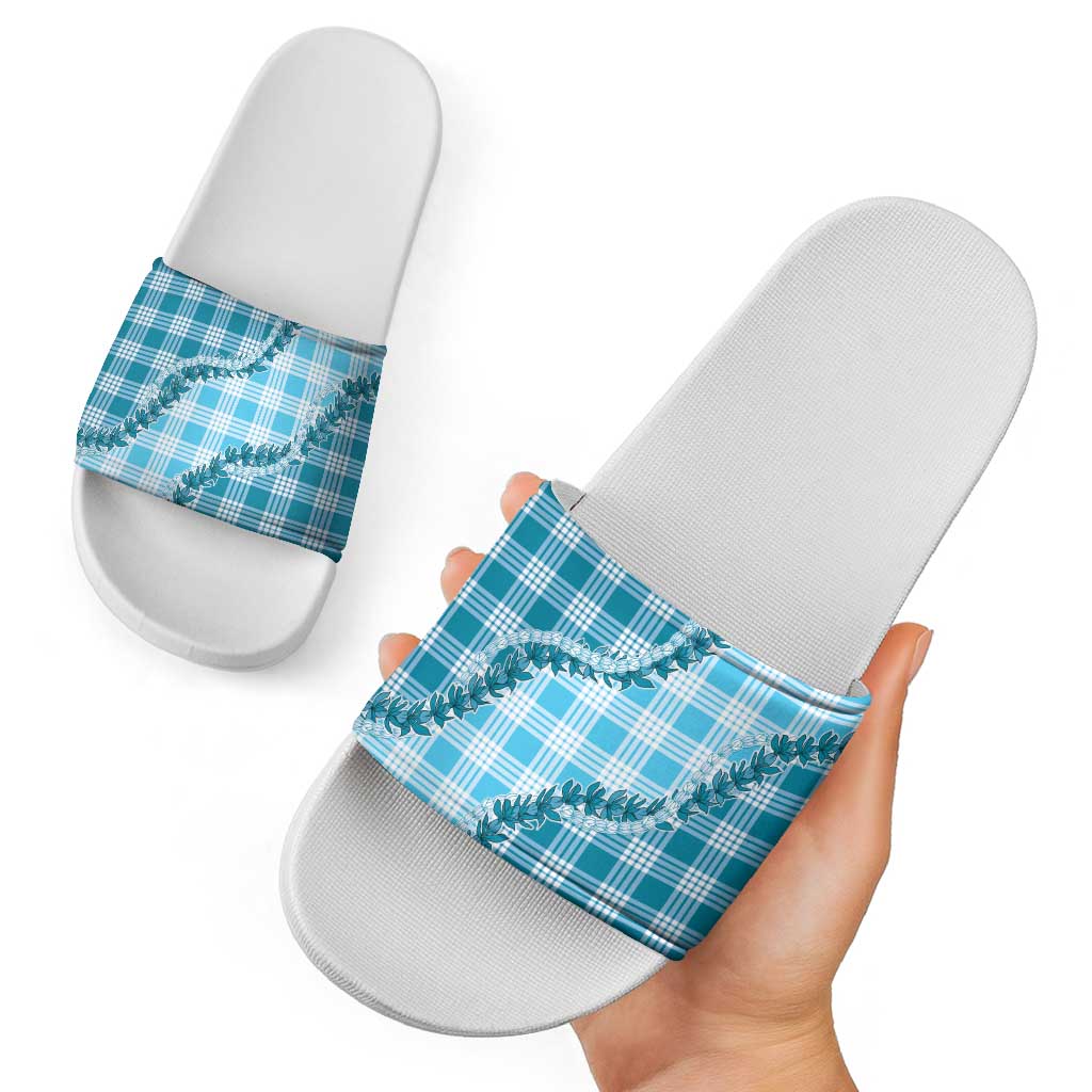 Blue Hawaii Palaka Slide Sandals Hawaiian Pikake Lei