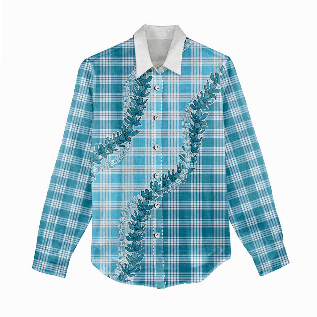 Blue Hawaii Palaka Women Casual Shirt Hawaiian Pikake Lei LT05 - Polynesian Pride
