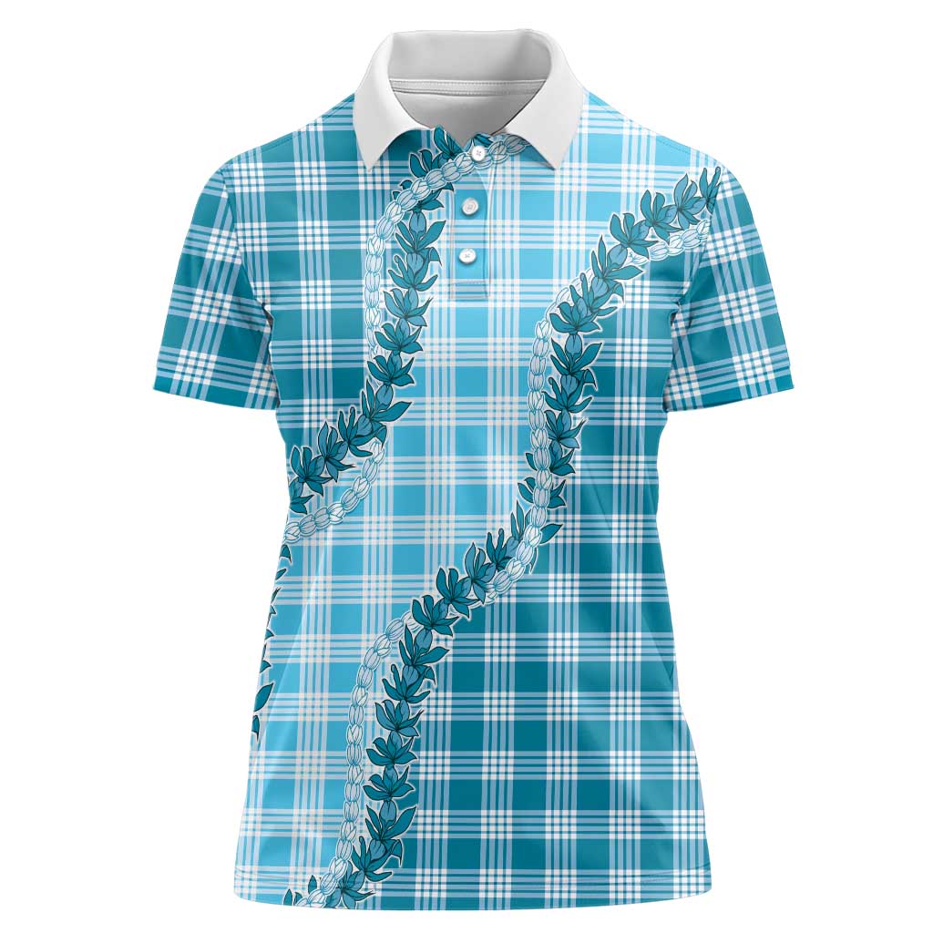 Blue Hawaii Palaka Women Polo Shirt Hawaiian Pikake Lei LT05 Female Blue - Polynesian Pride