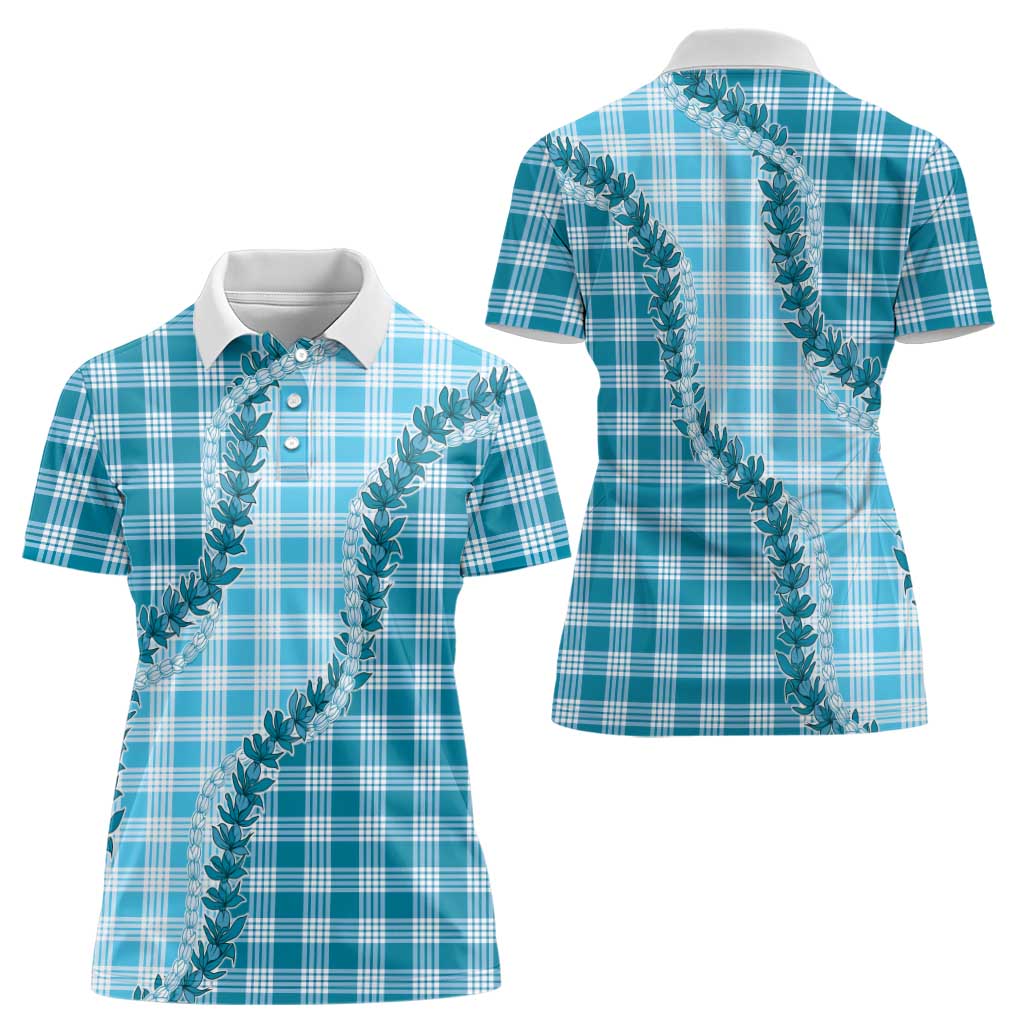 Blue Hawaii Palaka Women Polo Shirt Hawaiian Pikake Lei LT05 - Polynesian Pride