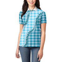 Blue Hawaii Palaka Women Polo Shirt Hawaiian Pikake Lei LT05 - Polynesian Pride
