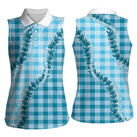Blue Hawaii Palaka Women Sleeveless Polo Shirt Hawaiian Pikake Lei