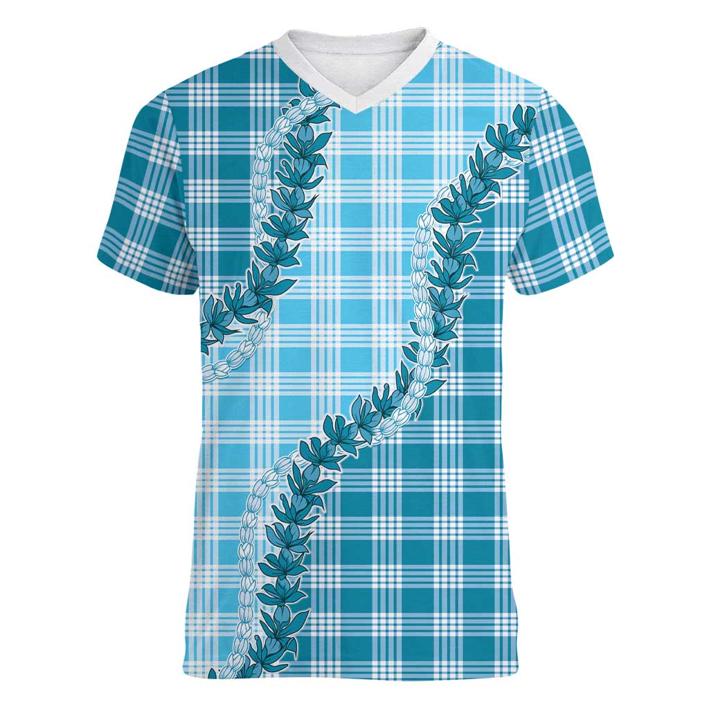 Blue Hawaii Palaka Women V-Neck T-Shirt Hawaiian Pikake Lei