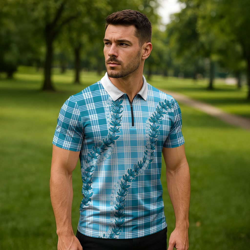 Blue Hawaii Palaka Zipper Polo Shirt Hawaiian Pikake Lei