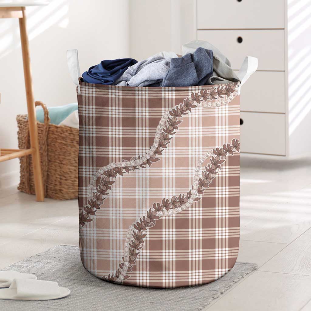 Beige Hawaii Palaka Laundry Basket Hawaiian Pikake Lei