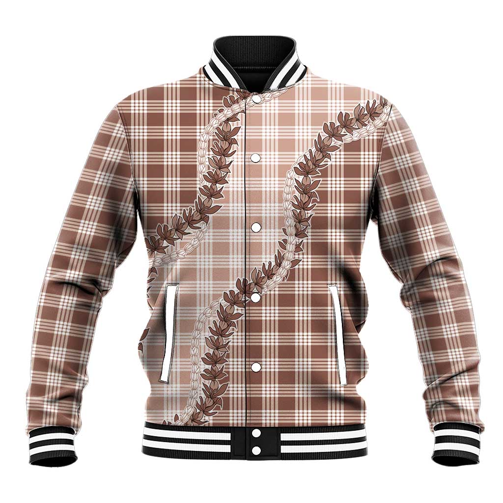 Beige Hawaii Palaka Baseball Jacket Hawaiian Pikake Lei