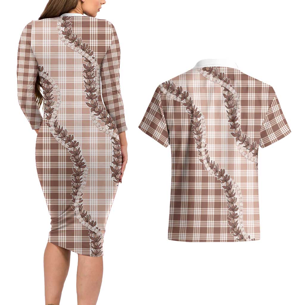 Beige Hawaii Palaka Couples Matching Long Sleeve Bodycon Dress and Hawaiian Shirt Hawaiian Pikake Lei
