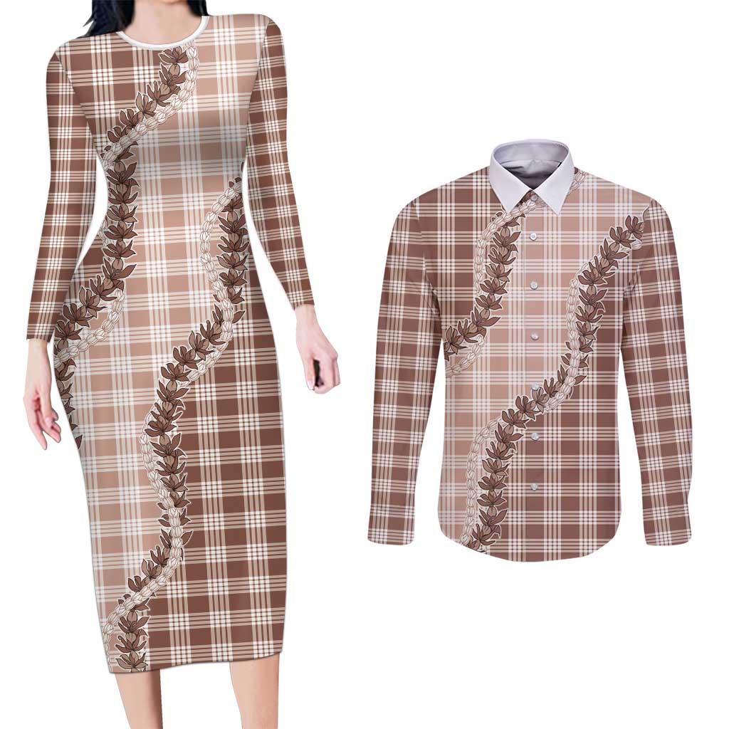 Beige Hawaii Palaka Couples Matching Long Sleeve Bodycon Dress and Long Sleeve Button Shirt Hawaiian Pikake Lei