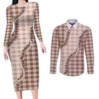 Beige Hawaii Palaka Couples Matching Long Sleeve Bodycon Dress and Long Sleeve Button Shirt Hawaiian Pikake Lei