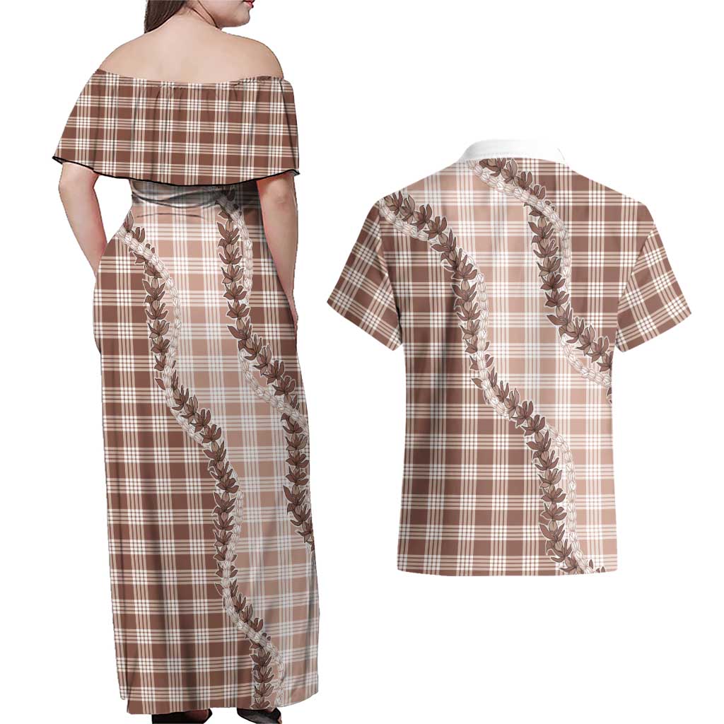 Beige Hawaii Palaka Couples Matching Off Shoulder Maxi Dress and Hawaiian Shirt Hawaiian Pikake Lei